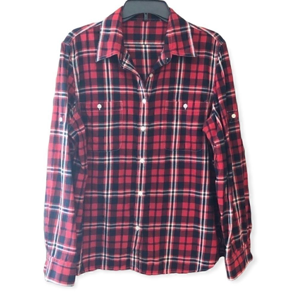 Western Sz L Red Plaid Button-Up Long Sleeve Rustic Farm-core Shirt
